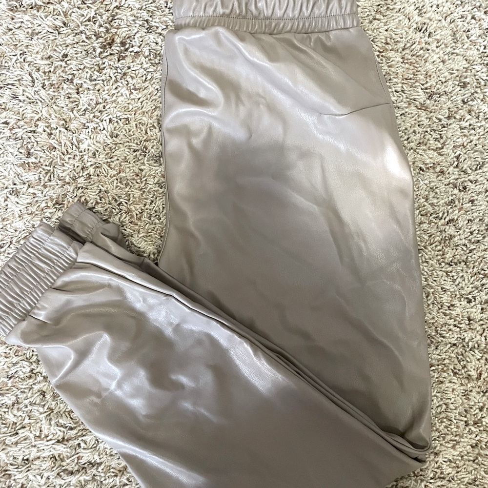 C by One Faux Patent Leather Joggers (Beige)